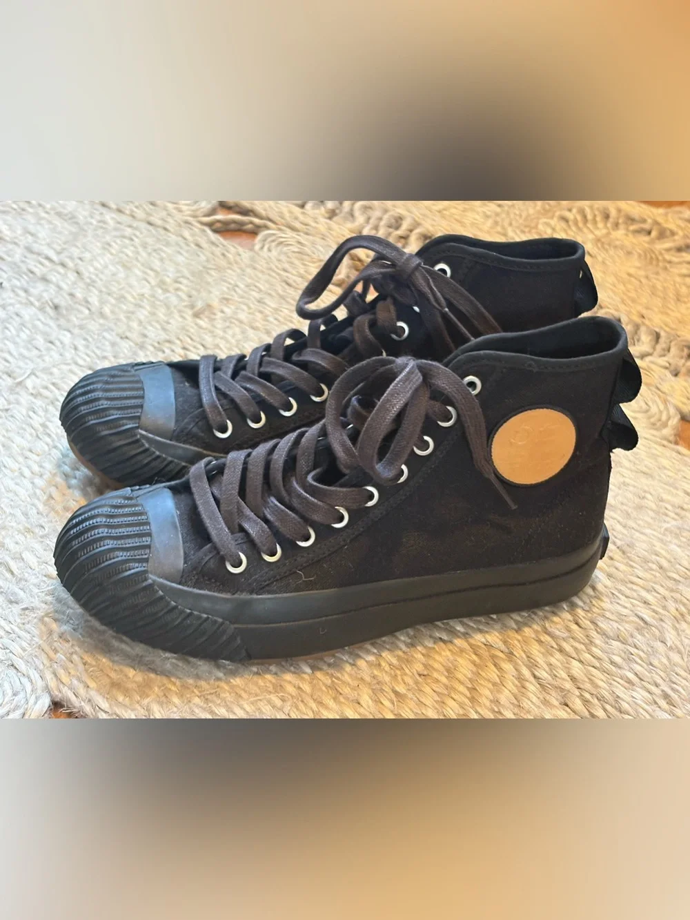 P.F. Flyers Black High-Top Canvas Sneakers with Tan Logo Patch